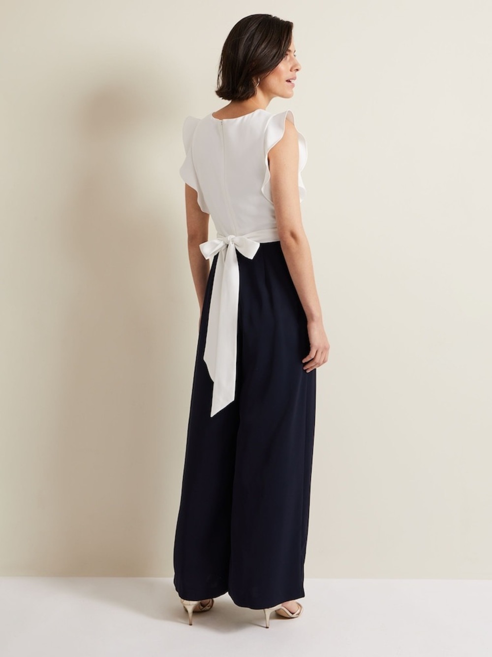 Phase Eight White Ruffle Navy Blue Belted Pocket Wide Leg Tailored Jumpsuit - Picture 14 of 16